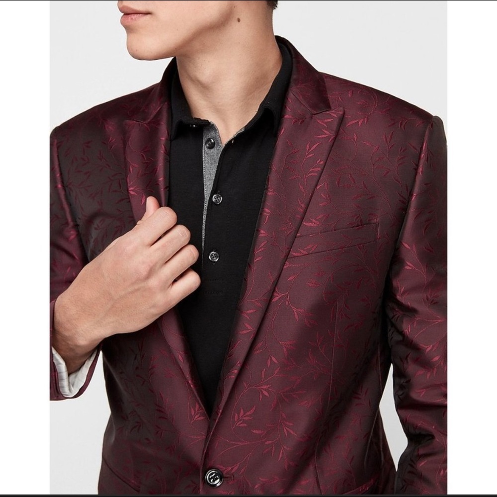 EXPRESS Men's Large Slim Fit Red/Wine Floral Jacquard Tuxedo Suit Jacket